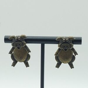 JJ Pigs Pierced‎ Earrings 3D Smiling Bronze Colored Signed Jonette Jewelry